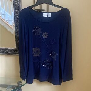 Chico's Zenergy women's 2 fits size Large /12 Navy Blue Sequin Floral Fleece Top